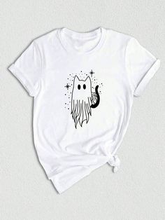 Introducing our Halloween Cat Ghost Shirt, the perfect choice for a cute and spooky Halloween look! This adorable tee features a cute cat ghost design that will surely make heads turn. Whether you're going trick-or-treating or attending a Halloween party, our Boo Ghost Tee is a must-have for the season. Get into the Halloween spirit with our Cute Halloween Tee and make a stylish statement this Halloween!Halloween Cat Ghost Shirt, Cute Halloween Tee, Cute Cat Ghost T-Shirt, Boo Ghost Tee, Halloween Tee White Casual  Short Sleeve  Animal,Cartoon,Colorblock,Figure,Galaxy,Geometric,Graphic,Letter,Striped,Plants,Textured Pattern    Women Clothing, size features are:Bust: ,Length: ,Sleeve Length: Chicago Print, Women Slogan, Cat Ghost, Ghost Tee, Boo Ghost, Ghost Design, Ghost Cat, Ghost Shirt, Animal Cartoon