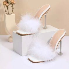 Shein Brand New In Box Never Worn Purchased For A Tinker Bell Costume High Arch Women’s Size 6.5 Transparent High Heels, Fluffy Heels, Ladies Slides, 파티 드레스, High Heel Slippers, Summer Heels, Womens Summer Shoes, Heel Slippers, White Pumps