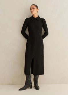 Structured Ponte Midi Shirt Dress Black Vest Layering, Shirt Dress Black, Navy Striped Shirt, Bias Cut Dress, Silk Shirt Dress, Work Dresses For Women, Ponte Fabric, Drawstring Dresses, Ponte Dress