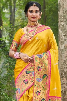 Product Features: Saree: Saree as seen in picture - Choose the drape style while order: Standard, Pleated or Gujarati Saree Color: Yellow Saree Fabric: Paithani Silk Blouse: Please choose the selection "As seen in picture" or customize your selection Blouse Color: Yellow Blouse Fabric: Paithani Silk Wash: Dry Clean Occasion: Festive Disclaimer: There will be slight difference in digital to actual image Yellow Paithani, Gujarati Saree, One Minute Saree, Dress Saree, Paithani Saree, Yellow Saree, Half Sleeve Blouse, Yellow Silk, Trendy Sarees