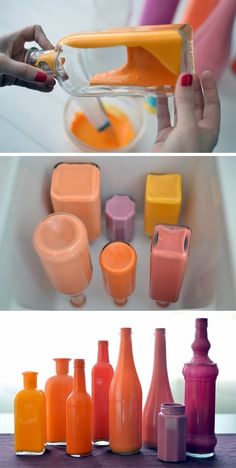 there are many different bottles and containers in the sink with one being used as a soap dispenser