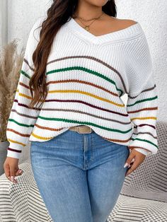 Casual Striped Color Block V-Neck Plus Size Sweater, Body-Shaping And Versatile Multicolor Casual  Long Sleeve Knitwear Colorblock,Striped Pullovers Non-Stretch  Women Plus Clothing, size features are:Bust: ,Length: ,Sleeve Length: White Stretch V-neck Sweater For Fall, White Ribbed V-neck Sweater, Striped V-neck Sweater For Fall, V-neck Knit Sweater With Color Block, Knit V-neck Sweater With Color Block Design, Knit V-neck Sweater With Color Block, Winter Color Block V-neck Top, Winter V-neck Color Block Tops, Striped Color Block V-neck Tops