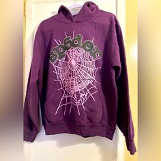 Nwot. Spider Spider Web Hoodie, Perfect Condition Purple Hoodie For Fall Streetwear, Purple Hoodie With Adjustable Hood For Fall, Purple Fall Hoodie With Adjustable Hood, Purple Double-lined Hoodie For Fall, Spider Web Hoodie, Purple Spider, Sp5der Hoodie, Spyder Men, Grape Color