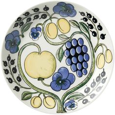 a plate with fruit and flowers painted on it