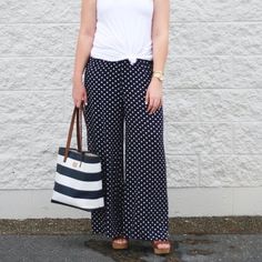 These Navy And White Polka Dot Palazzo Pants Are Perfect For Vacation Or A Summer Night Out. Only Worn Once To Model. Tags Still Attached. Polka Dot Pants Outfit, Palazzo Pants Outfit, Poka Dot, Yellow Jumpsuit, Polka Dot Pants, Blue Joggers, Ankle Dress Pants, Sequin Pants, Adidas Track Pants