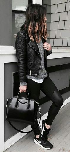 Look Legging, Athleisure Style, Leather Jacket Outfits, Black Handbag, Women Outfit, Fashion Board, Trendy Sneakers, Sporty Chic