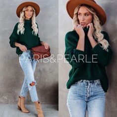 Our Warm Embrace Emerald Green Turtleneck Sweater Offers An Effortless Layer Of Chicness In A Beautiful Emerald Green Knit. Fitting Relaxed With A Subtly Oversized Body, Turtle Neckline And Drop Shoulder Long Sleeves. A High-Low Side Split Hem Makes It Perfect For A Cute Front Tuck Into Denim Or Leggings! Green Turtleneck Sweater Outfit, Forest Green Outfits For Women, Emerald Green Outfit Ideas Casual, Hunter Green Sweater Outfit, Emerald Green Outfits, Dark Green Sweater Outfit, Green Fall Outfit, Sweater Verde, Emerald Green Outfit