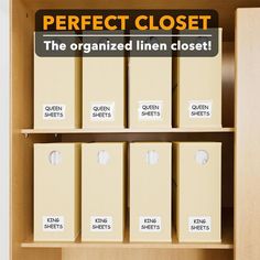 there are many boxes in the closet with labels on them that read perfect closet, the organized linen closet