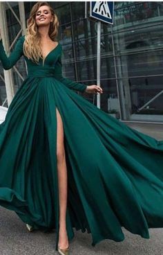 Dark Green Prom Dresses, Split Prom Dresses, Evening Dress Long, Prom Dresses 2018, V Neck Prom Dresses, Long Sleeve Prom, Dresses Green, Burgundy Prom Dress, Backless Prom Dresses