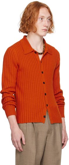 Rib knit wool- and acrylic-blend cardigan. · Spread collar · Button closure Supplier color: Orange Collared Wool Polo Sweater For Fall, Wool Button-up Cardigan With Button Closure, Collared Merino Wool Sweater For Fall, Fall Ribbed Collared Cardigan, Winter Button-up Knit Polo Sweater, Button-up Knit Polo Sweater For Winter, Winter Knit Button-up Polo Sweater, Knit Button-up Polo Sweater For Winter, Classic Button-up Ribbed Sweater