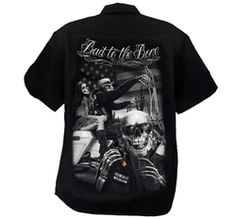 Biker Shirts: Bad To The Bone Shop Shirt From the Ride Or Die collection from David Gonzales art, the "Bad To The Bone" men's shop shirt showcases beautiful art work and a unique design. Black and white graphic on the back with cool skeleton motorcycle rider out for a cruise on the open road with American Flag background. David Gonzales Art, Motorcycle Boots Outfit, Biker Clothing, Cool Skeleton, Mens Work Shirts, Black Motorcycle Jacket, Mens Motorcycle Boots, Custom Motorcycle Helmets, Leather Motorcycle Gloves