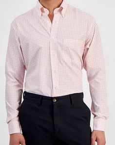 Add a touch of old-fashioned charm to your wardrobe with this Club Room men's pink gingham button-down dress shirt. This shirt features a classic button-down collar and long sleeves, making it perfect for any occasion. The shirt is made from a comfortable polyester blend fabric that has been medium-washed for a vintage look. It comes in a size medium (15-15.5 inches) and has a regular fit for a flattering look. The shirt is designed with a button closure and features a timeless gingham pattern that adds a touch of classic style to your outfit. This shirt is perfect for men who want to add a touch of sophistication to their wardrobe. Mens Pink Dress Shirt Outfit, Pink Button-up Dress Shirt, Pink Long Sleeve Dress Shirt With Button Closure, Casual Pink Dress Shirt For Spring, Pink Button-up Dress Shirt For Work, Pink Long Sleeve Dress Shirt For Business Casual, Pink Long Sleeve Business Shirt, Formal Pink Button-up Dress Shirt, Pink Business Dress Shirt For Spring