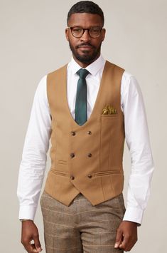 KELVIN - Oak Double Breasted Waistcoat Elegant Brown Business Vest, Elegant Brown Vest With Notch Lapel, Elegant Brown Notch Lapel Vest, Elegant Brown Vest Outerwear, Brown Business Vest With Notch Lapel, Formal Beige Vest With Notch Lapel, Formal Brown Fitted Nehru Jacket, Formal Beige Notch Lapel Vest, Brown Notch Lapel Vest For Business