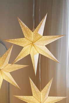 three star shaped lights hanging from the ceiling