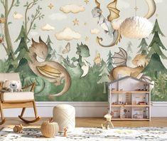 a child's room with a wall mural and rocking chair in the foreground