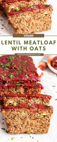 vegan lentil meatloaf with oats and ketchup on top