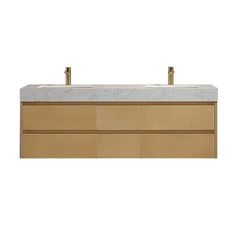 a bathroom vanity with two sinks and gold faucets on the countertop, against a white background