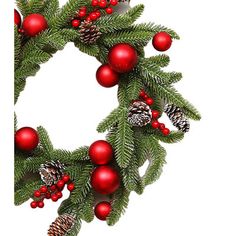 a christmas wreath with red balls and pine cones