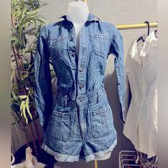 Abercrombie And Fitch Jean Romper Stylish And Comfortable, Long Sleeves Are Easy To Roll. Button Up Feature On Front. Chest & Back Pockets Lightweight & Breathable Vintage Long Sleeve Overalls For Spring, Blue Button-up Fitted Jumpsuits And Rompers, Long Sleeve Cotton Overalls With Buttons, Long Sleeve Cotton Denim Jumpsuit With Button Closure, Blue Fitted Button-up Jumpsuits And Rompers, Fitted Vintage Denim Jumpsuit With Long Sleeves, Long Sleeve Denim Jumpsuit With Button Closure, Cotton Overalls With Sleeves And Buttons, Vintage Long Sleeve Denim Jumpsuit For Spring