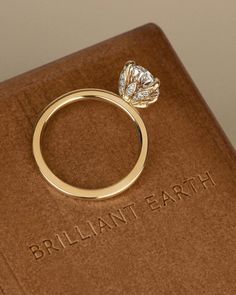 a diamond ring sitting on top of a brown book with the words brilliant earth written below it