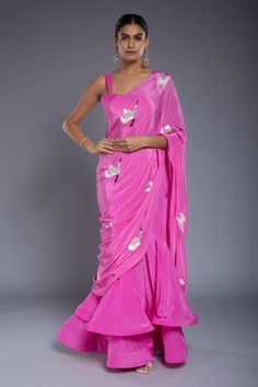 Pink saree with sequins and cutdana hand embroidered bird and butterfly motifs. Comes with a blouse. - Aza Fashions Saree Gowns, Dhoti Saree, Cotton Sarees Handloom, Ruffle Saree, Embroidered Bird, Lehenga Saree, Blouse For Women, Pink Saree, Saree With Blouse