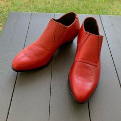 Durango Leather Red Booties Size 7m. In Excellent Condition- Never Worn. Red Leather Shoes With Rubber Sole For Fall, Red Leather Shoes With Leather Sole For Fall, Classic Red Leather Shoes For Fall, Red Pointed Toe Heels With Rubber Sole, Red Slip-on Boots With Leather Sole, Red Heels With Pointed Toe And Rubber Sole, Red Western Boots For Formal Occasions, Red Slip-on Boots With Rubber Sole, Red Leather Slip-on Heels