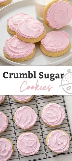 some cookies with pink frosting are on a cooling rack and the cookie is next to it