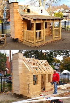 two pictures of a small wooden house being built