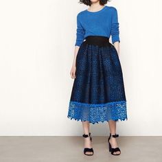 New Maje Size 2 Blue Flared Skirt For Fall, Chic Blue Midi Length Bottoms, Blue Midi-length Bottoms For Party, Blue Full Skirt For Fall, Blue Full Skirt For Workwear, Fall Blue Full Skirt, Blue Workwear Skirt For Fall, Blue Skirt For Workwear In Fall, Blue Skirt For Workwear During Fall