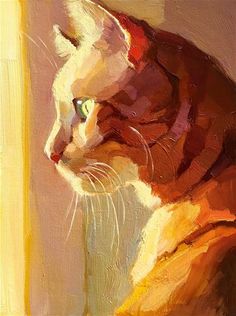 an oil painting of a cat looking out the window with its head turned to the right