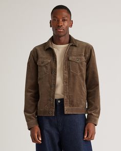 A contemporary reinterpretation of the classic trucker. This organic jacket is made from a premium 11-wale stretch corduroy, making it a perfect pick for transitioning seasons. Versatile and effortlessly cool, it serves as the ultimate third layer and a fresh alternative to your go-to denim jacket. Corduroy Trucker Jacket, Concept Clothing, Quarter Zip Sweater, Just Run, Corduroy Jacket, Trucker Jacket, Tailored Jacket, Quince, Sport Coat