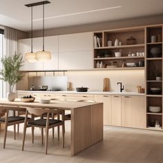 a modern kitchen with an island table surrounded by wooden chairs and open shelving units