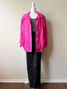 80s/90s Vintage Hot Pink Collared Snap Button Long Windbreaker - Etsy 90s Spring Outerwear With Relaxed Fit, 90s Style Relaxed Fit Spring Outerwear, Spring Casual Button-up Windbreaker, Casual Spring Button-up Windbreaker, 90s Spring Outerwear, 90s Style Windbreaker With Pockets For Spring, 90s Style Pink Long Sleeve Outerwear, Casual Pink Windbreaker With Pockets, Retro Cotton Windbreaker For Spring