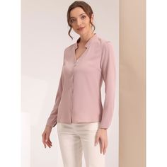 This shirt is elegant and charming for workwear or a day-to-night look, with a cut-out v-neck and unique shoulder details. No-see-through chiffon fabric and stylish v-neck make it a perfect choice for work, office, and daily wear. Pair this work office shirt with a pencil skirt, work pants, or casual jeans. The return of a classic, this button-up shirt is cut from in a chiffon sateen in an always flattering fit-and-flare silhouette. Model Body Size: Height: 5'9", Chest: 33 inches, Waist: 24 inch Elegant V-neck Shirt With Back Button Closure, Elegant V-neck Blouse With Back Button Closure, Formal V-neck Shirt With Button Closure, Feminine V-neck Top With Button Closure, Feminine V-neck Tops With Button Closure, Casual V-neck Business Tops, Formal V-neck Shirt With Buttons, Casual V-neck Tops For Business, Chic Solid Color V-neck Shirt