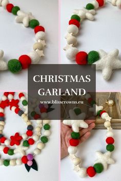 christmas garland made with felt balls and pom poms is shown in four different ways