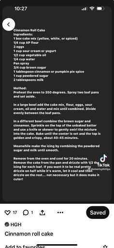 an iphone screen showing the instructions for how to use cinnamon roll cake on your iphone