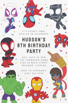 Spidey and Friends Superhero Birthday Party Invitations