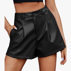 Care Instructions Machine Wash Closure Type Zipper About This Item Stylish And Trendy: These Faux Leather Shorts Are Designed To Keep You On Top Of The Fashion Game. Features Zip Fly And Hook Closure, Side Pockets, Pleating At Top And Angled Hemline Adds An Edgy Touch To Any Outfit, Making You Look Effortlessly Stylish. High Waisted Design: The High Waist Design Accentuates Your Waistline, Creating An Hourglass Figure And Giving You A Confident And Feminine Look. It Also Provides A Comfortable A Fall Short Length Solid Color Bottoms, Trendy Faux Leather Shorts For Day Out, Fall Shorts With Pockets, Black High Waist Solid Color Shorts, Casual High Waist Faux Leather Bottoms, Black Shorts With Pockets For Fall, Fitted Faux Leather Shorts For Workwear, Black Workwear Shorts For Fall, High Waist Faux Leather Shorts With Pockets