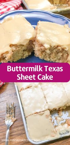 buttermilk texas sheet cake on a blue plate