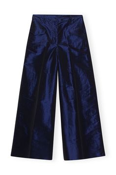 Sodalite Blue Blue Shiny Taffeta Wide High-waisted Pants | GANNI US Double Belt, Icon Shoes, Wide Trousers, Denim Maxi Skirt, Denim Midi Skirt, Pantalon Large, Halterneck Dress, Wide Pants, Night Looks