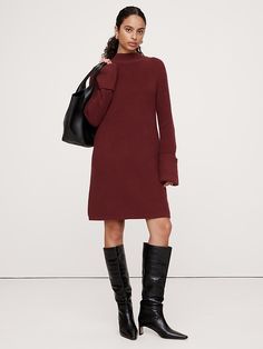 Cotton-Wool Mock-Neck Mini Sweater Dress | Banana Republic Sweater Dress With Turtle Neck, Sweater Dress With Booties Winter, Smart Causal Sweater Dress, High Neck Dress Casual Winter, Dresses For The Cold Weather, Banana Republic Sweater Dress, Sweater Dress With Tights Slip, Sweater Dress With Beret, Dresses For Winter Cold Weather