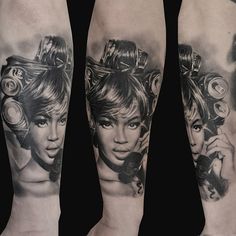 tattoos on the legs of people with hair dryers in their hair and one woman's face