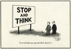 two men stand in front of a sign that says stop and think