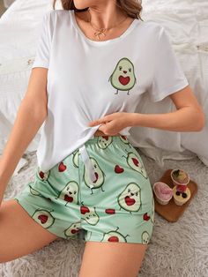 1set Women's Cute Avocado Print Short Sleeve Pajama Shorts Set Multicolor     Fruit&Vegetable Pajama Bottoms,Sleepshirts High Stretch All Women Sleep & Lounge, size features are:Bust: ,Length: ,Sleeve Length: Casual Printed Sleep Sets, White Casual Sleepwear Set, Casual White Sleepwear Set, Casual Green Sleep Sets, Casual Green Pajama Party Sets, Casual Green Sets For Pajama Party, White Casual Pajama Party Sets, Multicolor Casual Sets For Sleepover, White Casual Sets For Pajama Party