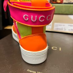 Gucci Wmns Signature High Top 'Fluo Matt' Sneakers *Never Worn* Gucci Yellow, Gucci Perfume, Gucci Ace Sneakers, Bright Color Dresses, Pretty Shoes Sneakers, Pink Polka Dot Dress, Suede Trainers, Shoes Gucci, Gucci Sneakers