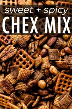 sweet and spicy chex mix in a bowl with the title overlaying it