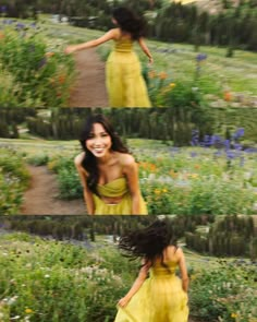 a woman in a yellow dress running through flowers