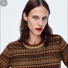 Long Sleeve Knit Sweater From Zara Featuring A Round Neckline And Contrasting Metallic Thread Detailing. Brand New With Tag Offers Welcome No Trades Please Brown Jacquard Knit Crew Neck Top, Winter Brown Tops With Fair Isle Pattern, Winter Fair Isle Pattern Brown Tops, Brown Fair Isle Winter Top, Brown Knitted Crew Neck Sweater, Brown Crew Neck Top With Fair Isle Pattern, Casual Brown Top With Fair Isle Pattern, Brown Knitted Sweater For Work, Winter Brown Knitted Top