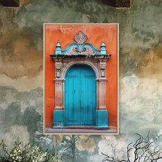 an orange and blue wall with a wooden door in the center, surrounded by shrubbery