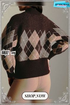 Loose Acrylic Casual Sweater Oversized Retro Brown Sweater, Retro Brown Crew Neck Outerwear, Retro Brown Top For Winter, Retro Brown Winter Top, Brown Argyle Sweater For Fall, Brown Argyle Pattern Long Sleeve Sweater, Brown Argyle Long Sleeve Sweater, Brown Long Sleeve Argyle Sweater, Vintage Argyle Sweater For Fall